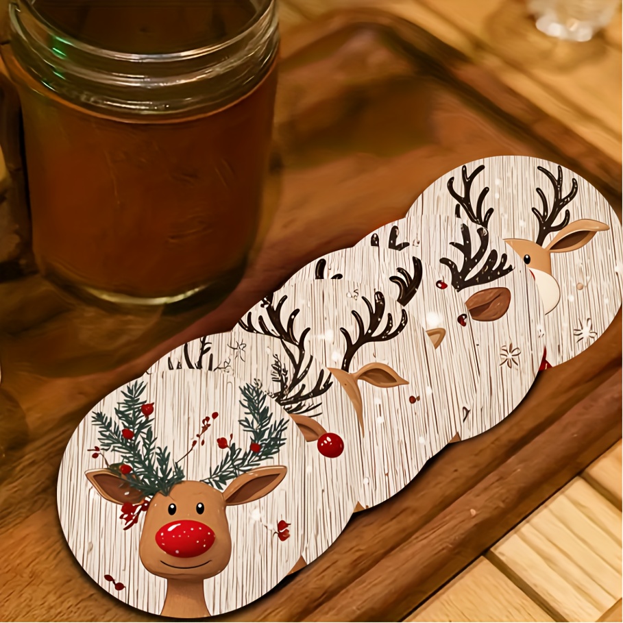 TEMU 6pcs Christmas Reindeer Wooden Coaster Set, Heat-resistant Coasters, Fire-proof Table Mats, Plate Coasters, Drink Cup Coasters, Non-slip Table