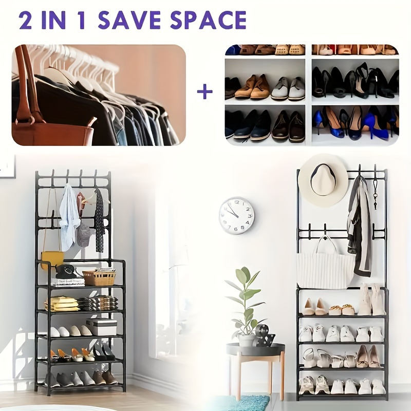 1 Multi-functional Metal 5-Tier Shoe and Hat Rack - 60.96 cm with Detachable Hooks, Multi-layer Design, Freestanding Organizer for Home and Apartment - Available in Black or White