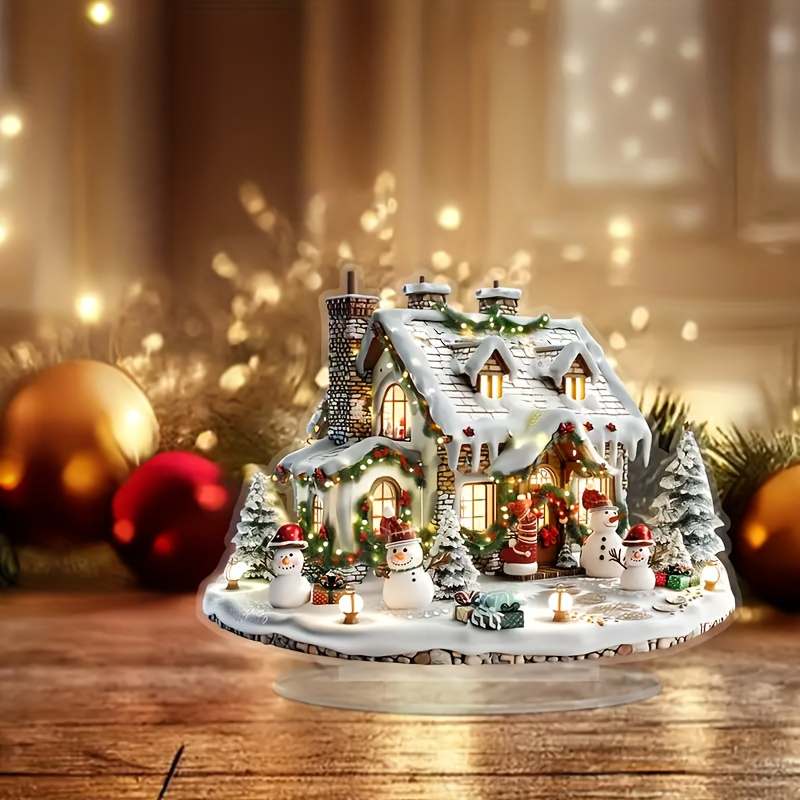 

Bohemian Acrylic Christmas House With Led Lights & Snowman - Tabletop Display For Decor, Gift Holiday Decor