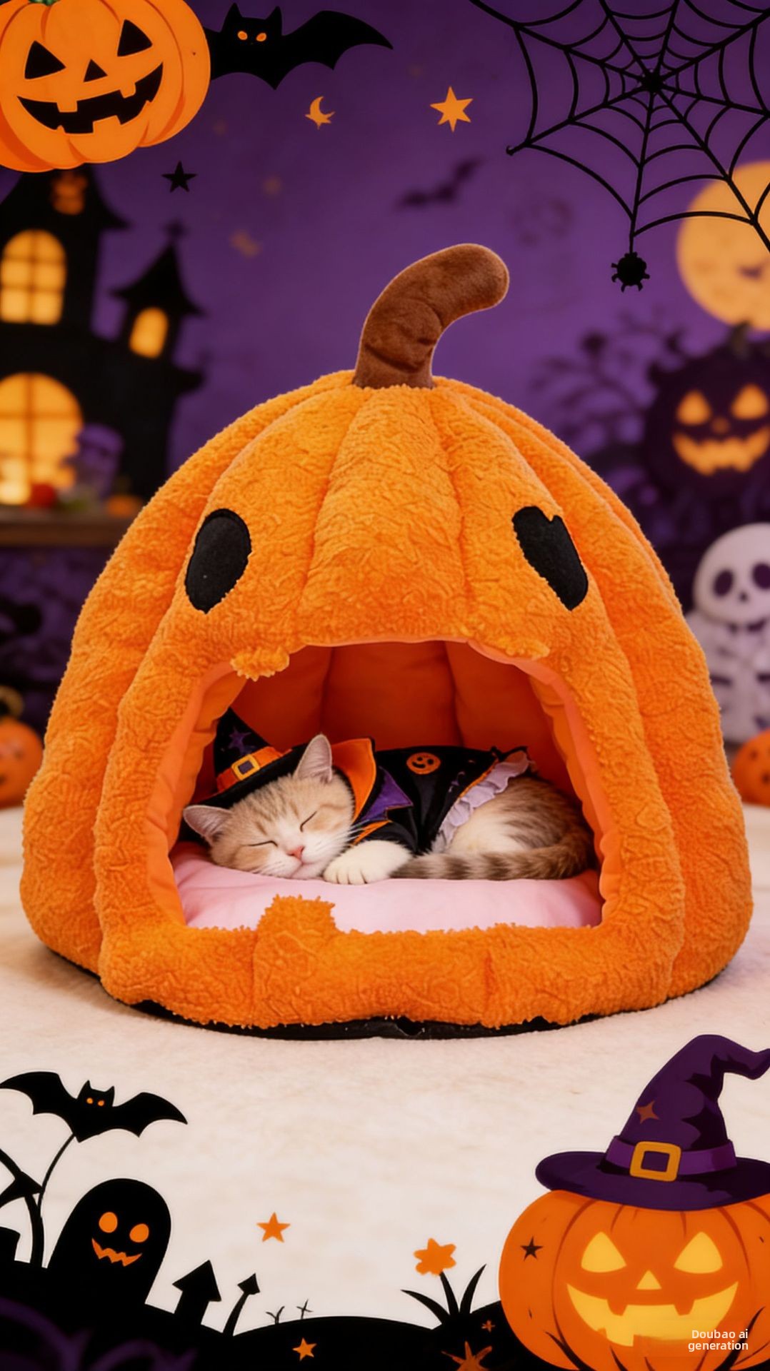 for halloween pumpkin pet nest orange plush soft fabric dome shaped enclosed pet bed with carved eyes and brown stem cozy hiding spot for small for halloween themed festive additions for indoor for halloween celebrati Product details 6