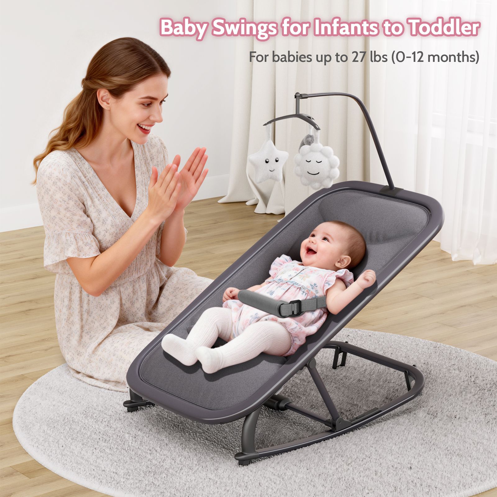 2-in-1 Collapsible Bouncer and Rocker Seat - Lightweight, Quiet, 3-Position Adjustable Cradle -No Assembly Needed, Portable Nursery Chair, Ideal for Showers