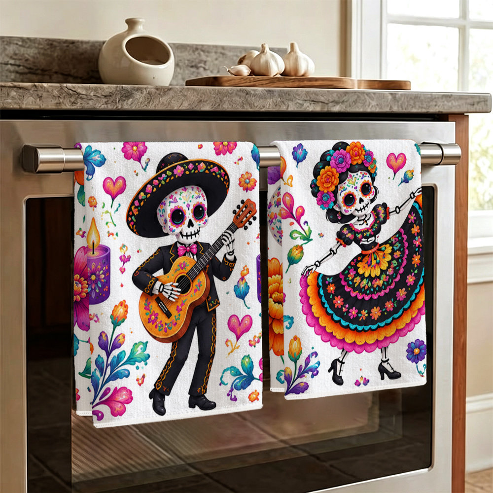 TEMU 2pcs Kitchen Towels, Soft Absorbent Microfiber Sugar Musician Flower Candle Pattern Housewarming Gift For Holiday Table Decor Suitable For