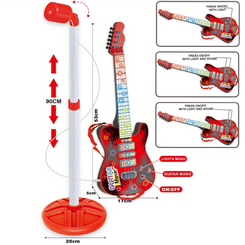 Guitar And Microphone Play Set for Girls Boys, Karaoke Machine with Music&Light, Microphone Toys with Stand, Adjustable Height Guitar Toys for Kids Valentine's Day Mother's Day Children's Day New Year Birthday Gift