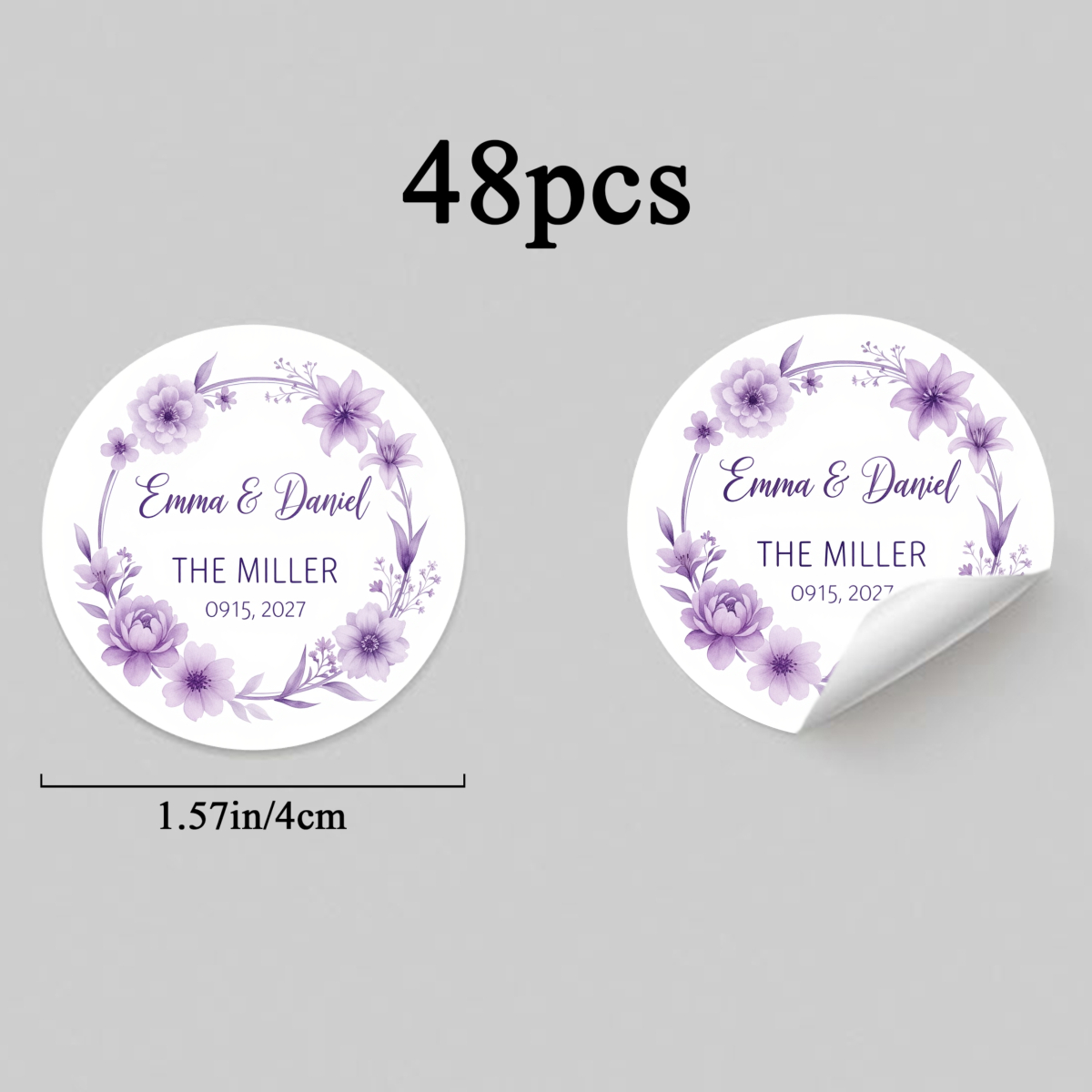 TEMU 24pcs/48pcs Autocollants Personnalisés Étiquettes de de Mariage Motif Floral Violet Autocollant Rond pour Étiquettes Cadeaux de Fête de Mariage