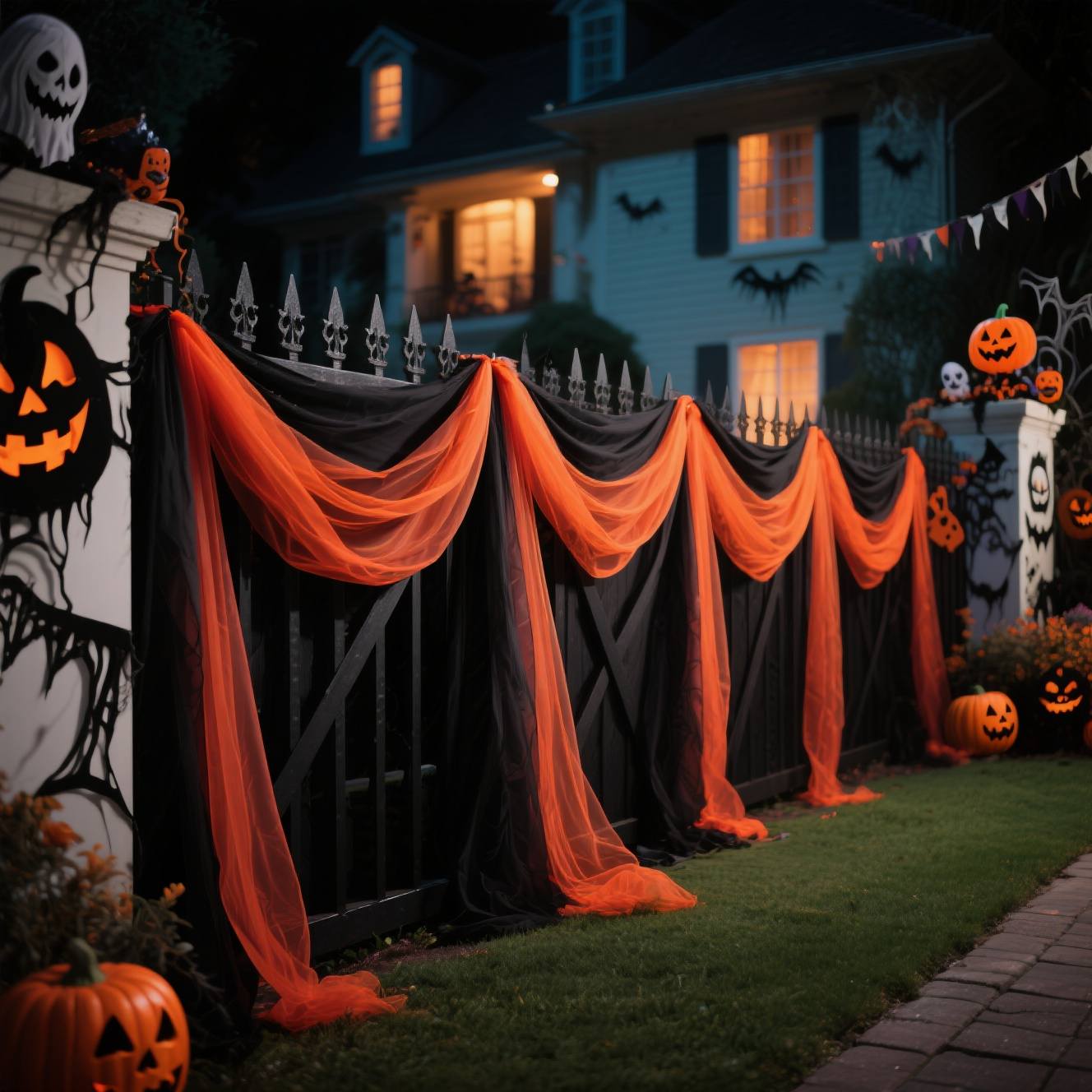 TEMU Juego de 2 piezas, Cortina de tul decorativa de malla con diseño de y naranja para Halloween, Decoración de de poliéster, Decoración de para