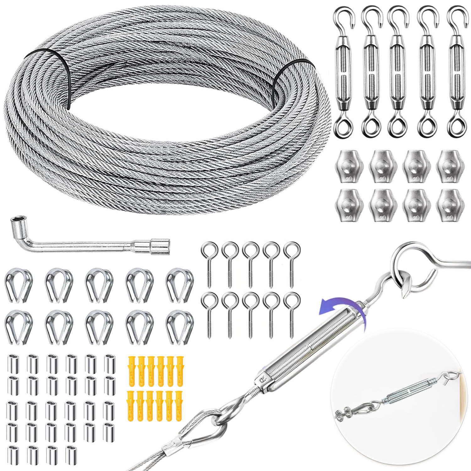 Image of Outdoor Hanging Wire Rope Kit, 29m*3mm Rope & 4 Tensioners, Ideal For Garden Layout