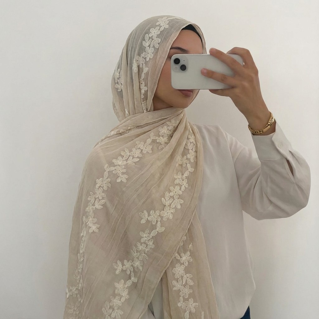E-shop Bestickter muslimischer Schal für Damen 2026 Neue Kollektion Blumenrankenrand Leichter Sommerstoff Elegante Mode Kopftuch