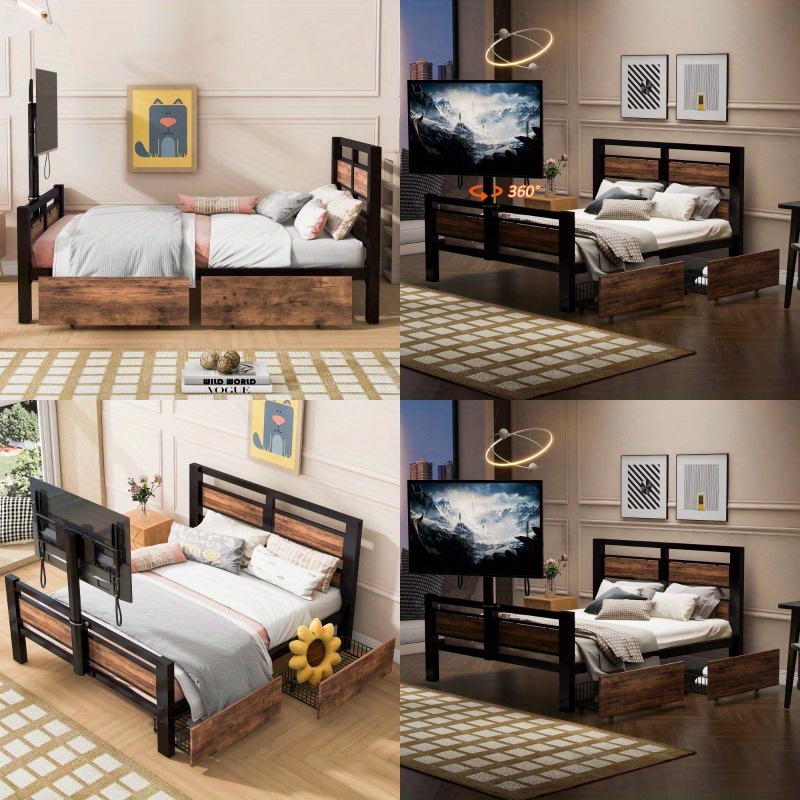 modern black twin size metal platform bed with head   two storage drawers and rotatable tv stand for bedroom durable and stylish mattress not included easy to assemble Product details 0