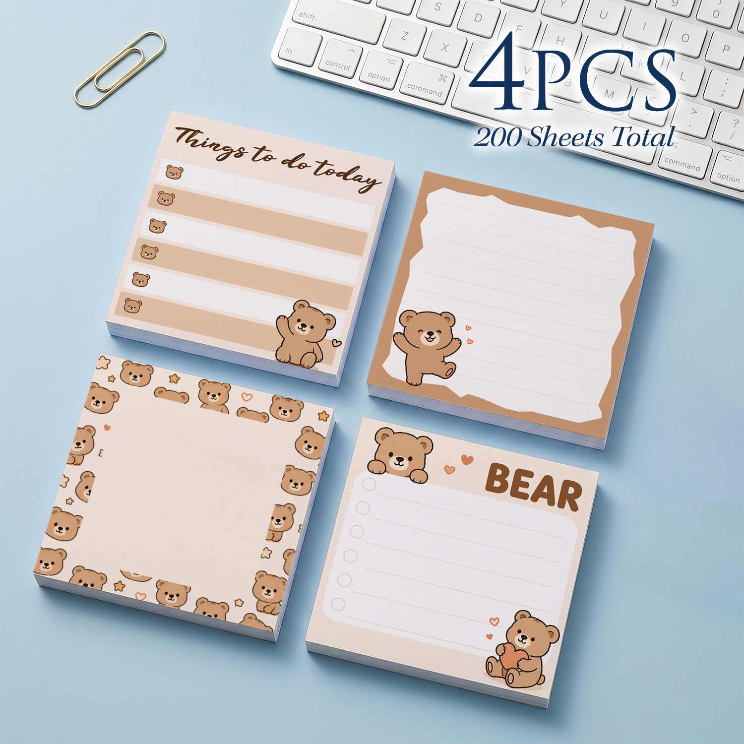 TEMU 4pcs Pcs Kawaii Bear Sticky Notes Suitable For School, Office, Planner - Self-stick Removable Adhesive Memo Pads With To-do List & Lined Pages,