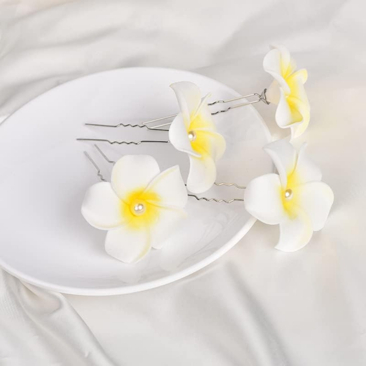 hawaiian flower hair pins plumeria hair barrettes clips for women girls white floral hairpins for summer   accessories for braid wedding bobby pins Product details 2