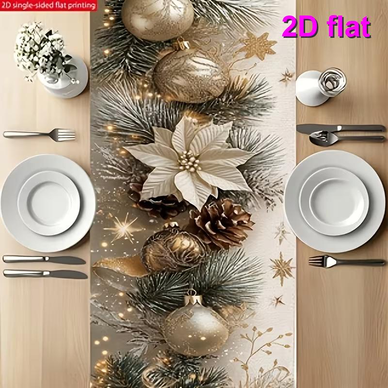 TEMU 1pc Table Runner, Christmas Pine Branch With Golden Ornaments, , And Poinsettia 2d Flat Pattern, Elegant Decoration, Suitable For Christmas