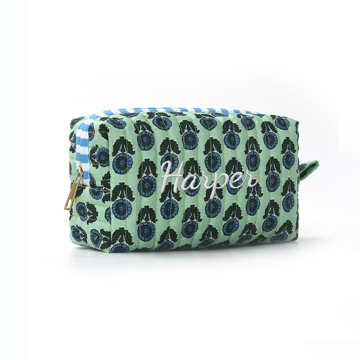TEMU Personalized Quilted Floral Makeup Bag With Custom Name Embroidery, Fashion Portable Cosmetic Storage Pouch, Large Capacity Travel Toiletry