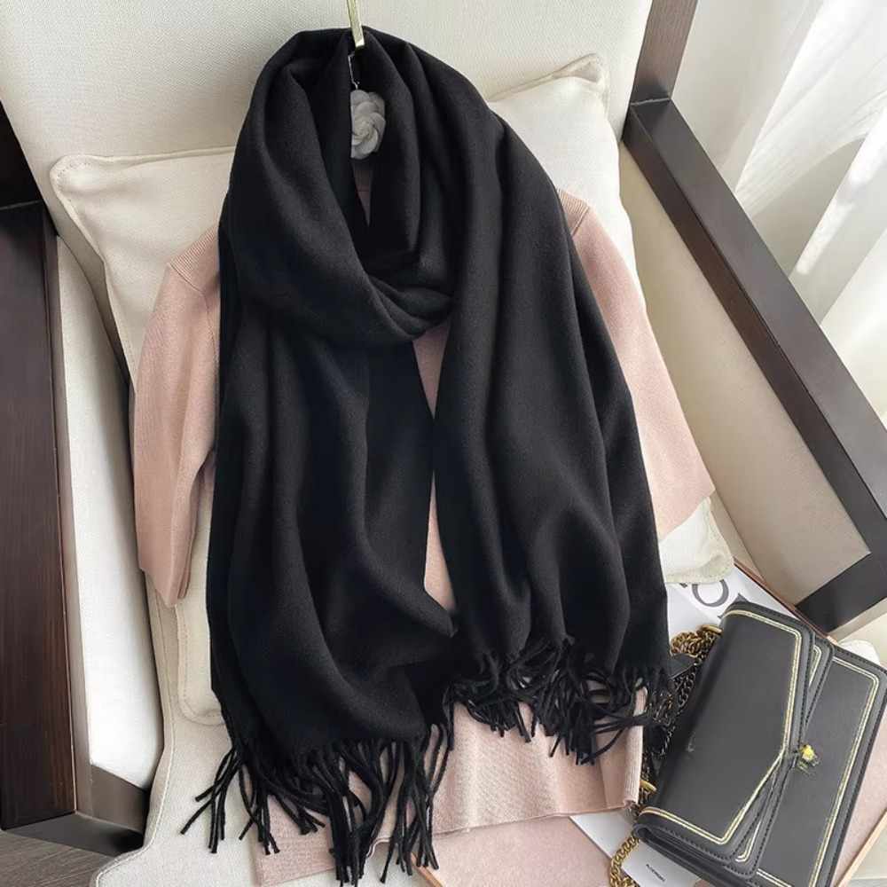 

1pc Luxurious Black Tassel Shawl Scarf For Women - Cozy Thickened Plush Wool-, Double-sided Imitated Cashmere, Elegant & Fashionable, Autumn/winter