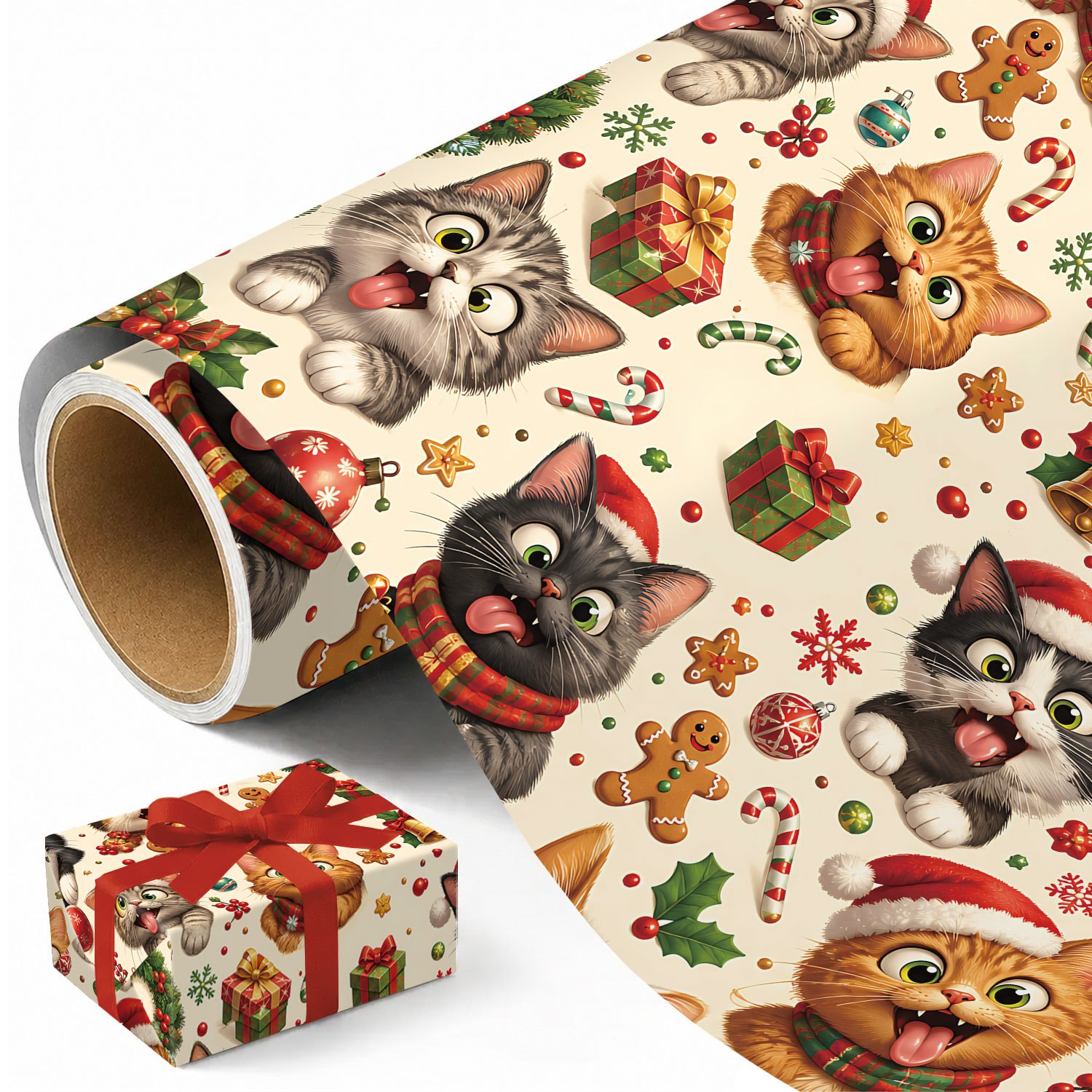 TEMU 1 Rolle Weihnachts-Geschenkpapier mit Katzenmotiv, geeignet für Weihnachtsgeschenke, Feiertagsparty-Zubehör & Bastelprojekte – Süßes