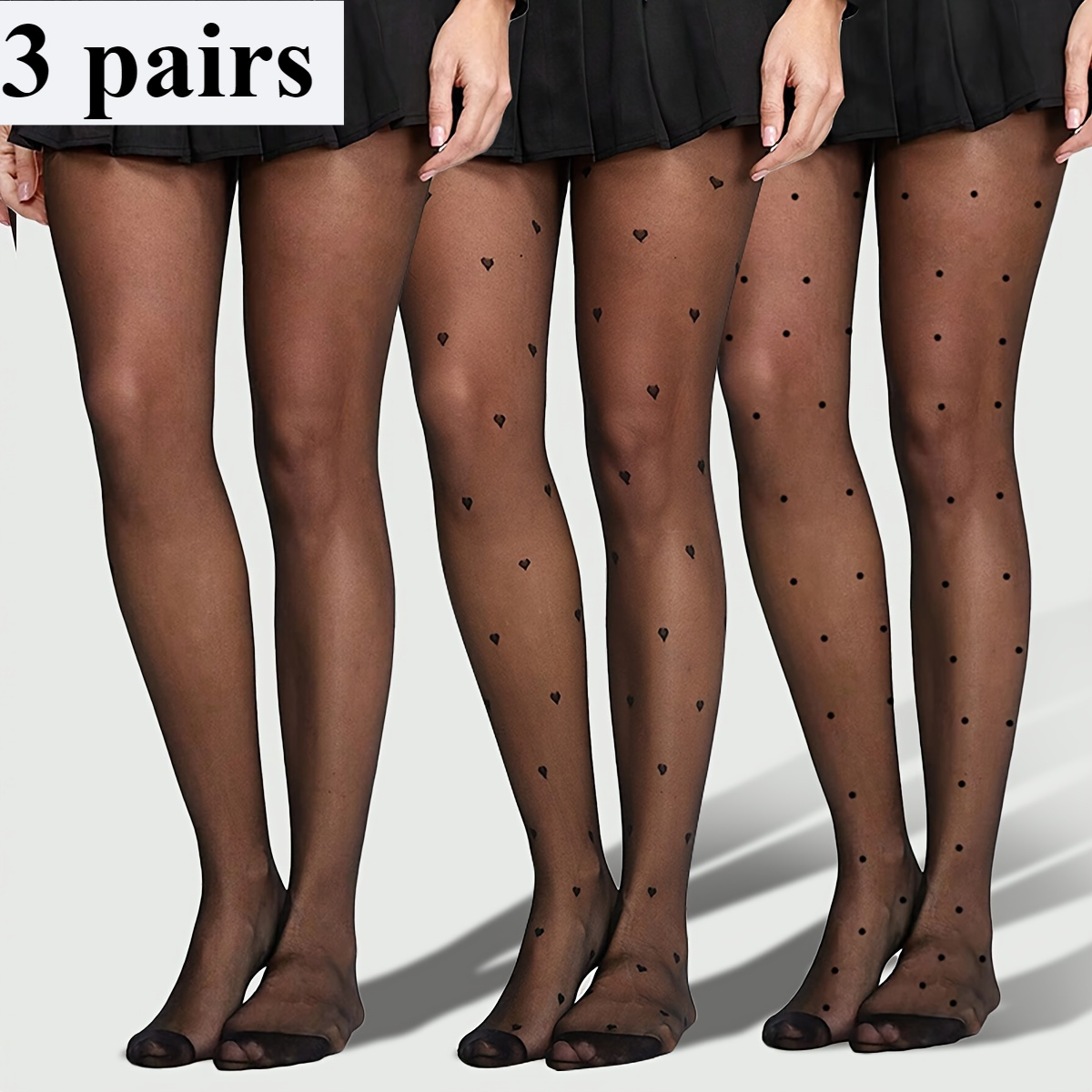 

3pcs Set Elegant Sexy Heart Polka Dot Transparent Pantyhose, Soft And Comfortable, Suitable For And Holiday Wear