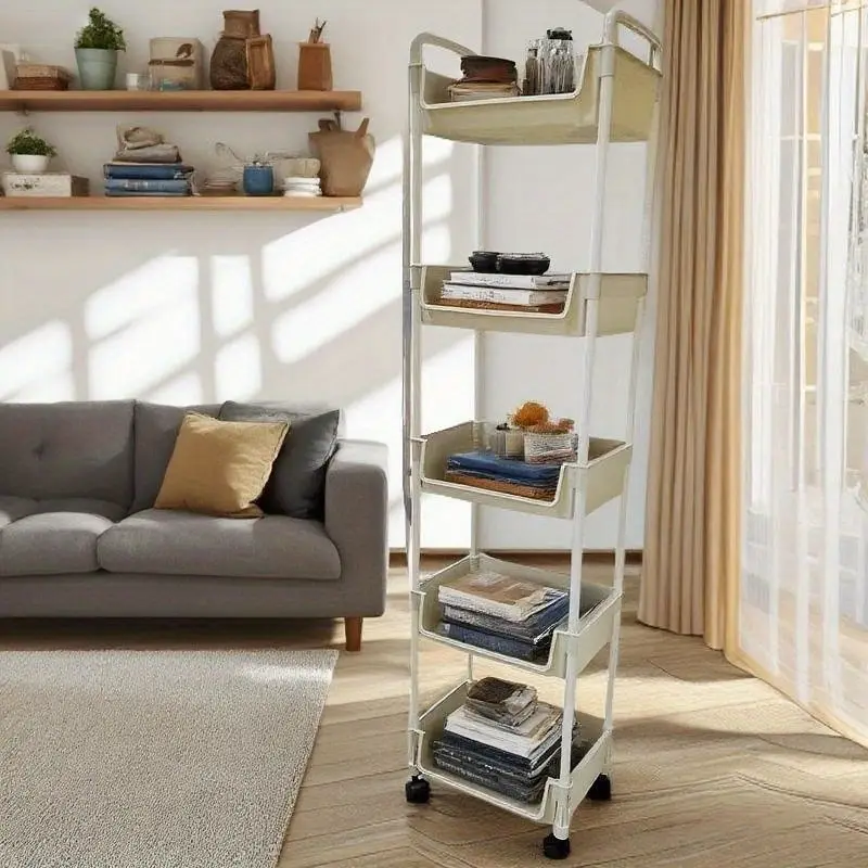 five layer bookshelf rack 12 month use movable table trolley floor standing desk organizer for books supplies storage with pen holder and file shelf Product details 0