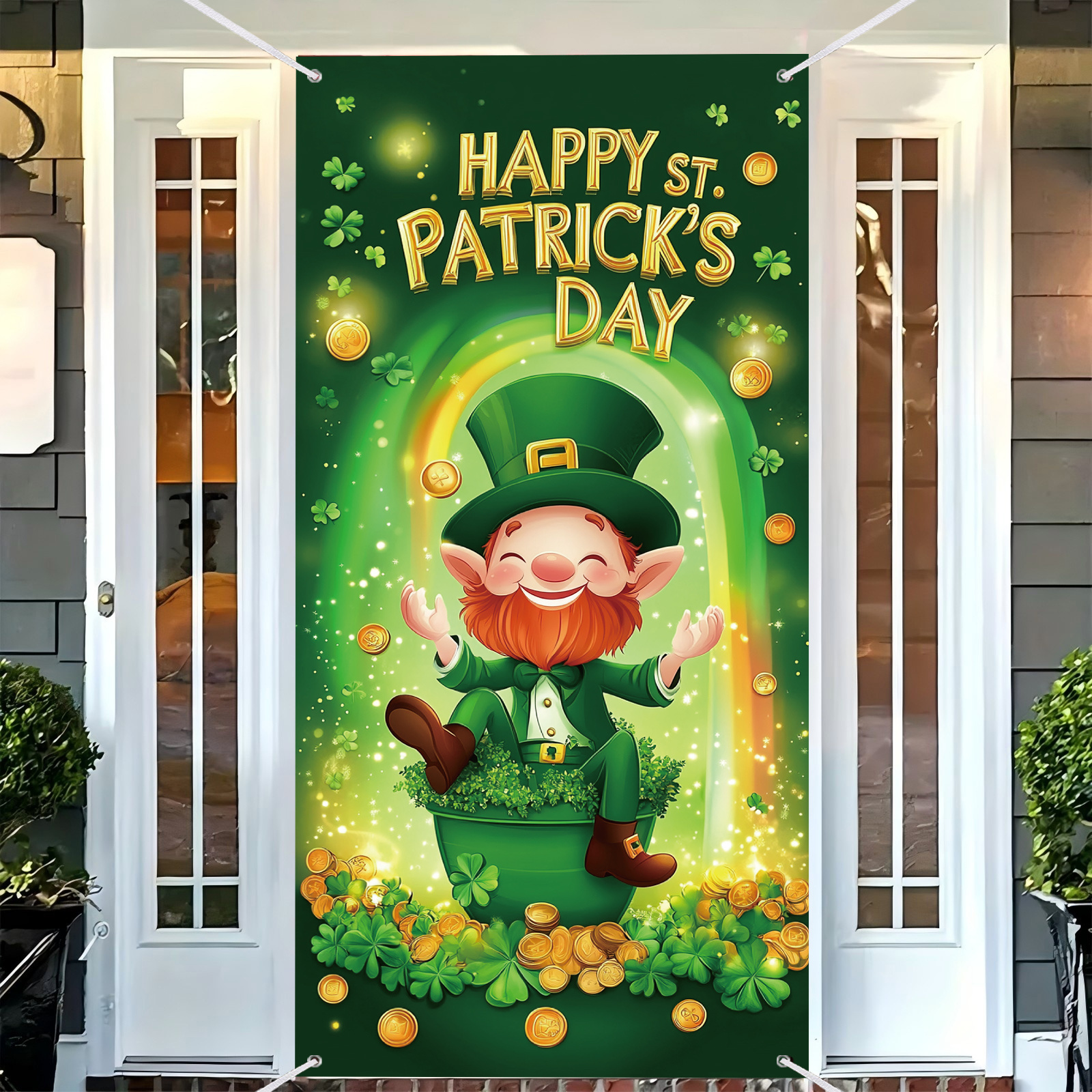 

Happy 's Day Door Cover - Green Shamrock & Pot Design, Fabric Hanging Banner For Irish Holiday Party Decorations