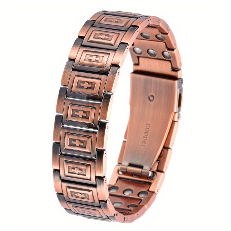 TEMU Men's Pure Copper Magnetic Bracelet - Pink Tone, Interlocking Chain , Magnetic Clasp Closure, Durable Daily And Formal Men's Jewelry - Luxurious