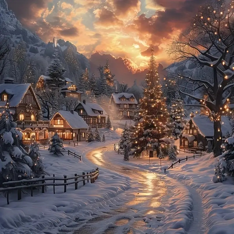 Image of Sunset Snow Village Painting, Adult Diamond Painting Kit, 5d , Craft, Suitable For Bedroom, Office, Living Room Home Decor, Wall Decoration, Handmade Gift Creative Present (frameless)