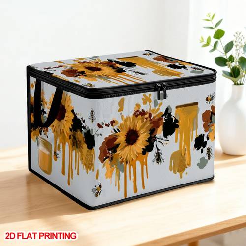 item picture 1pc autumn sunflowers bees storage basket with zipper lid foldable oxford cloth organizer suitable for blanket clothes bathroom organizer decor multi basket with lid for tidy gift 2d baskets