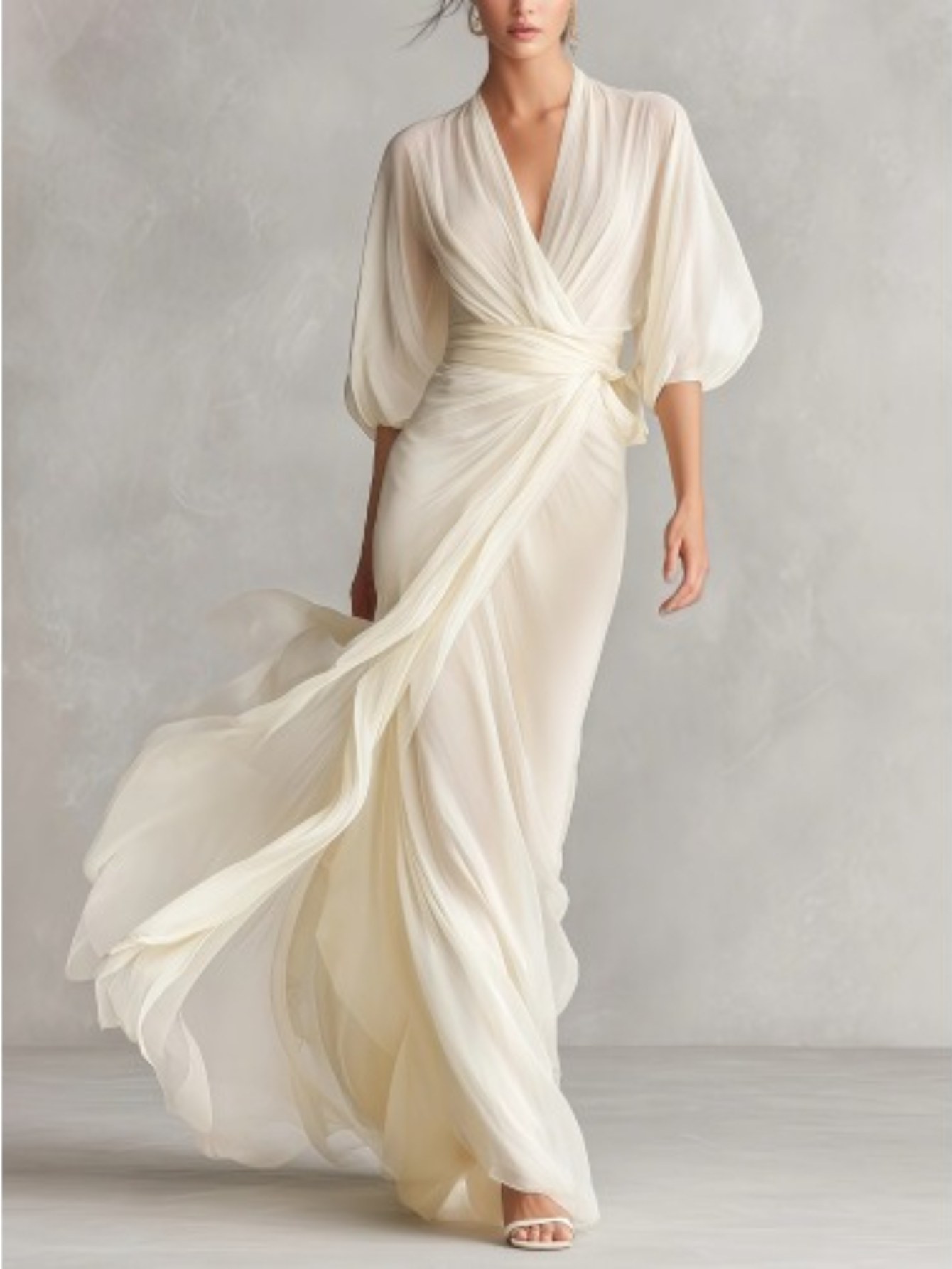 chinese dress ladies Authentic Cream Crewneck Long Sleeve Fit and Flare Dress