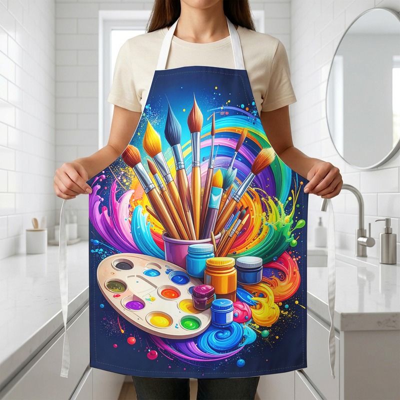 TEMU 2d Flat Printing 1pc Apron With Painting Supplies Pattern Detailed Unisex Fade Resistant Easy Clean For Chef , 2d Flat