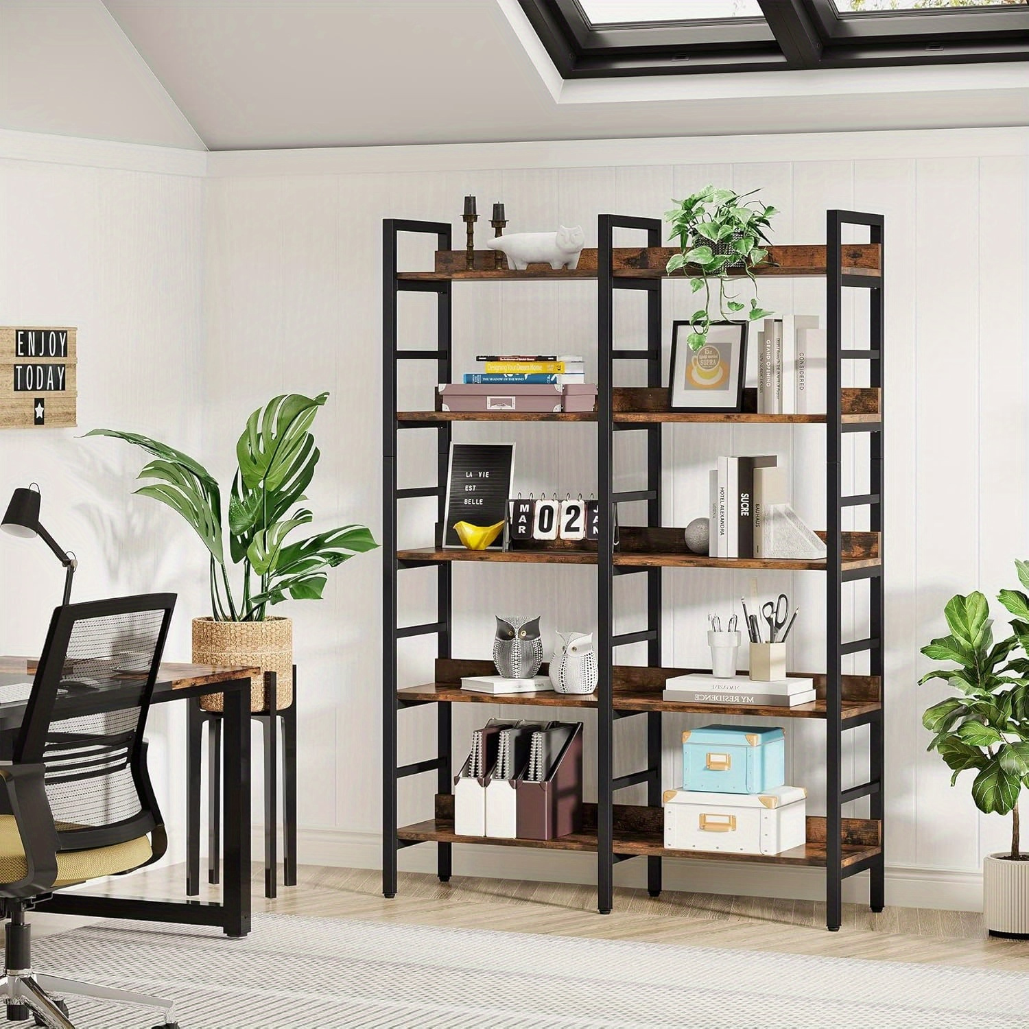 5-tier Industrial Bookshelf, Display Rack, Freestanding Book Shelf For Storage , Wood And Metal Bookshelves For Living Room Home Office, Rustic Brown