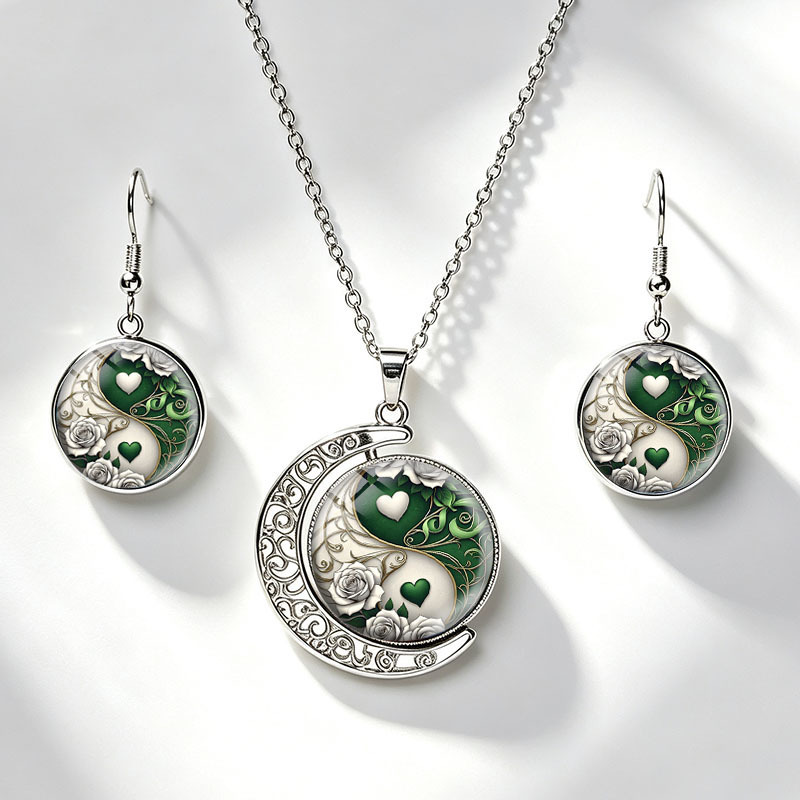 TEMU 3pcs White Rose Vine Green Heart Yin Yang Necklace Earring Set Moon Necklaces Round Dangle Earrings Glass Dome Unisex Jewelry