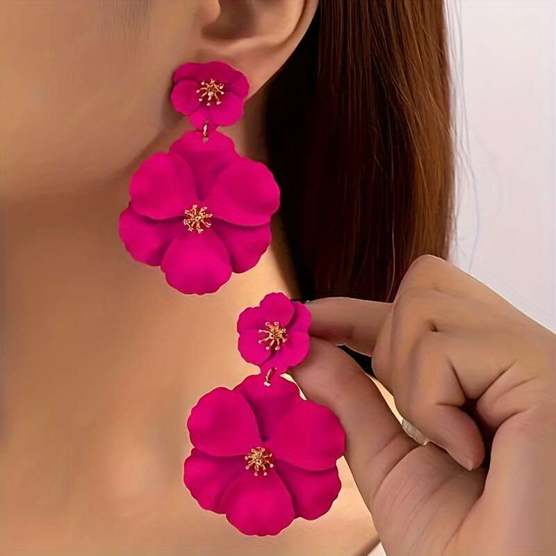 TEMU Vibrant Floral Statement Earrings - Chic, Elegant, And Cute Jewelry Accessory With Layered Design, Fashionable Flower Details, And Style For