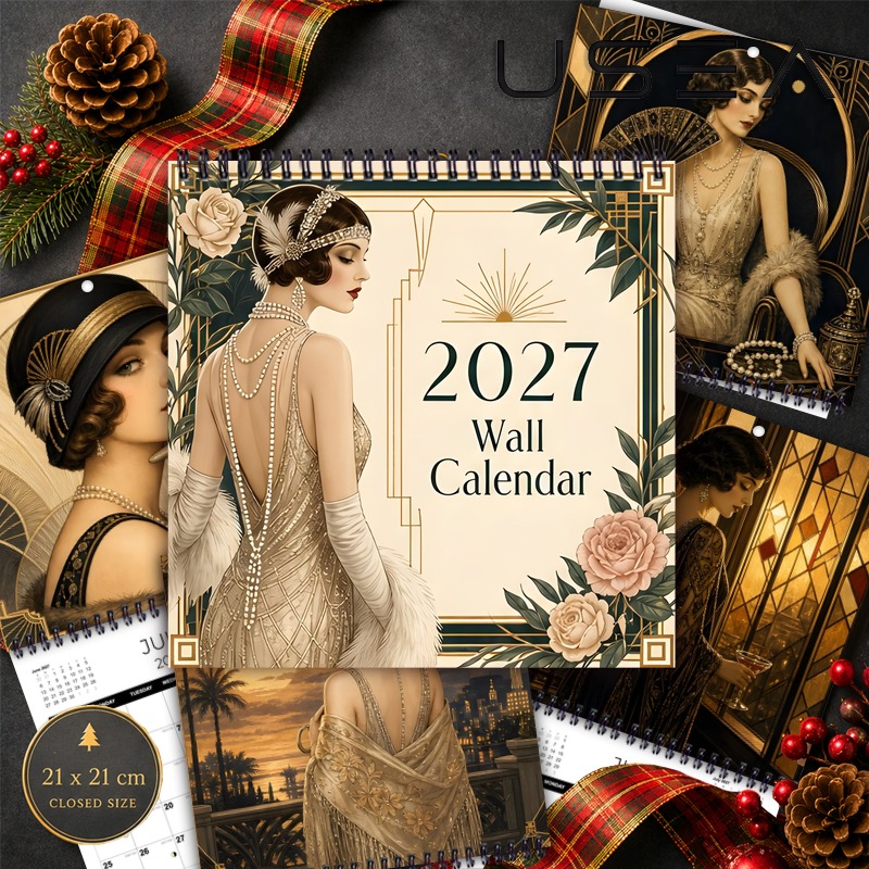 TEMU 2027 Wall Calendar,1pc 2027 Hanging Wall Calendar, Art Deco Retro 1920s Style, Twin Wire Spiral Bound Monthly Planner, 8.3x8.3 Inch Square,
