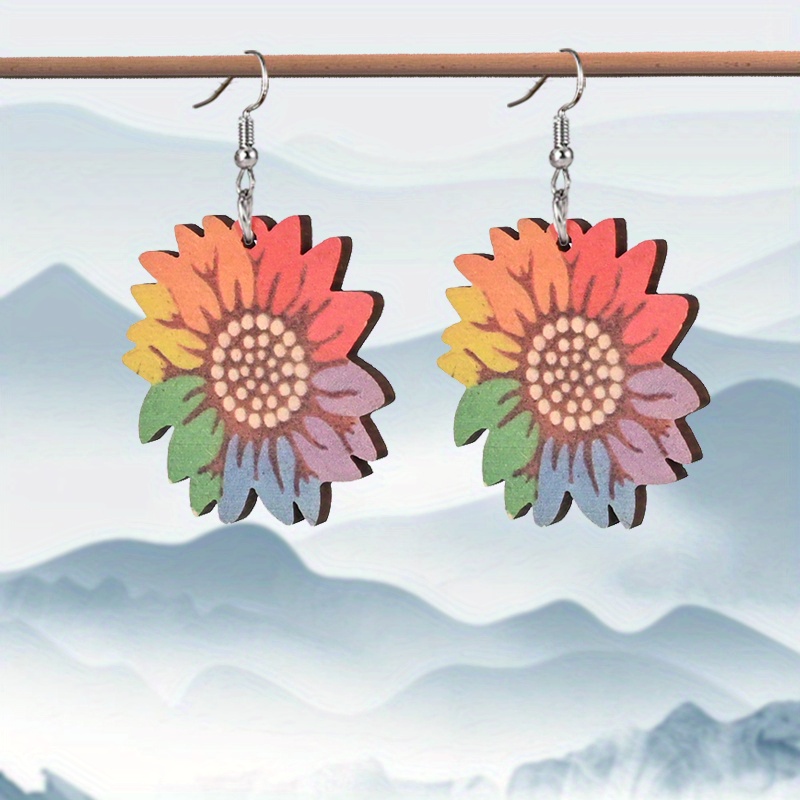 Women's Colorful Sunflower Wooden Dangle Earrings