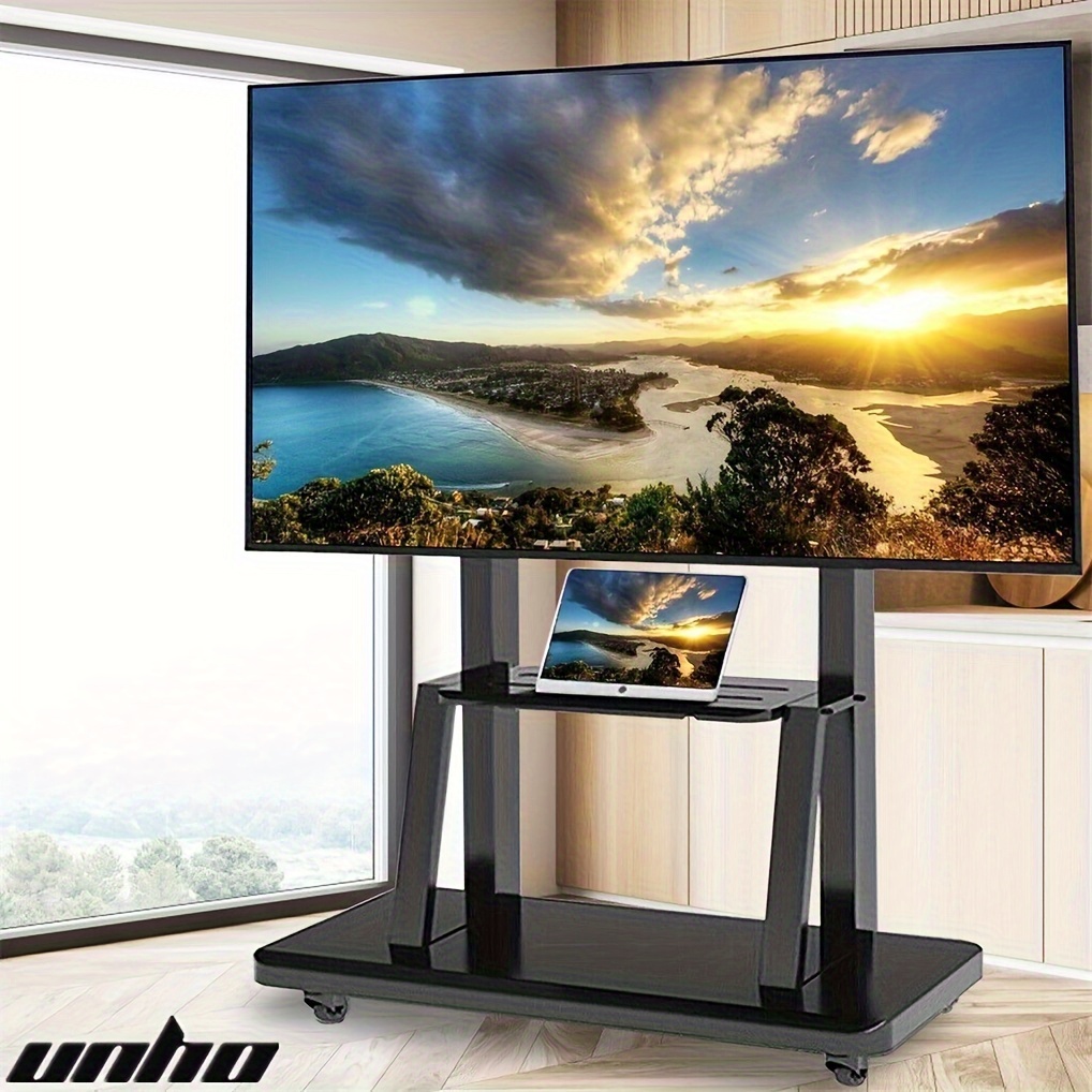 1pc heavy duty rolling lcd tv stand with 2 storage shelves suitable for 32 65 75 85 inch screens mobile mounting bracket for conferencing live streaming teaching   space for set top box router speakers remote control ideal for living room office   school   use 0