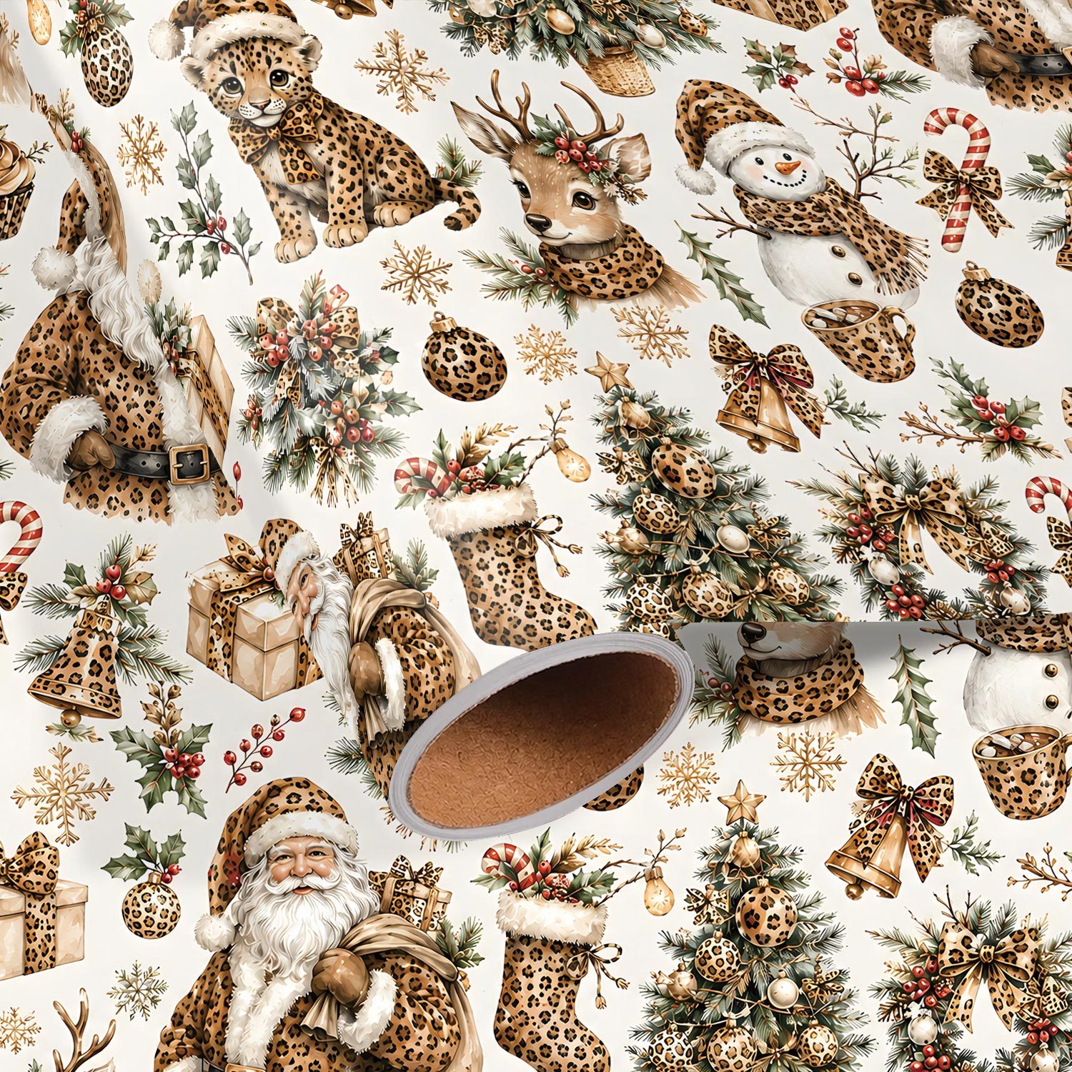 TEMU Leopard Print Wrapping Paper, Suitable For Christmas Gifts, Christmas Party Decorations, And Diy Crafts- Features Leopard Print, Santa Claus,