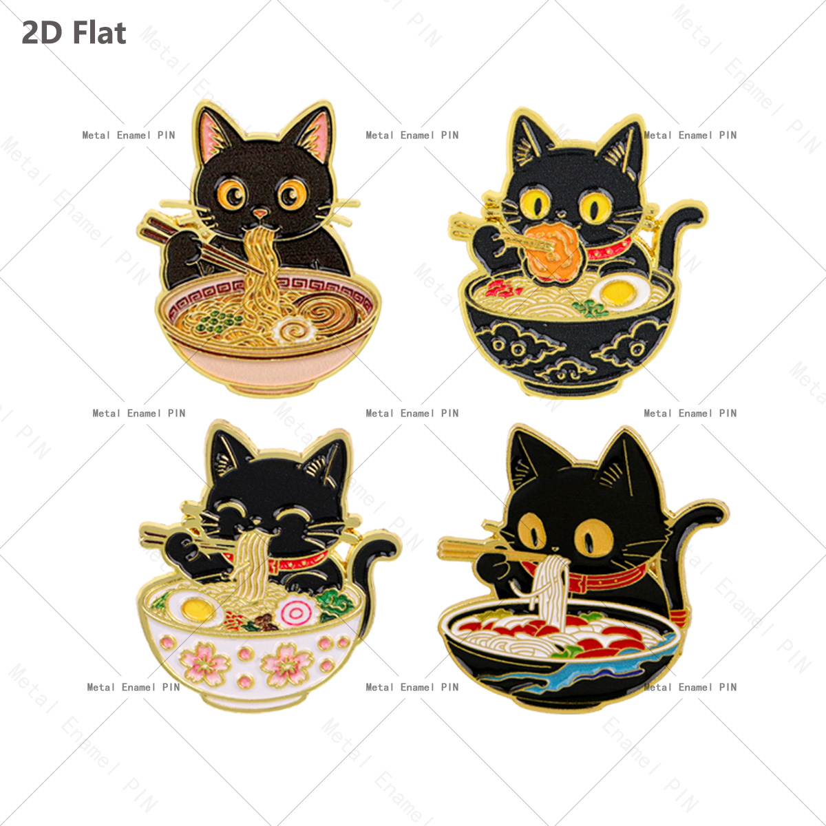 TEMU 2d Flat 4pcs Cute Black Cat Ramen Enamel Pins Funny Cat Eating Noodles With Chopsticks Bowl Lapel Brooch Badge, Kawaii Cat Food Pin For Backpack