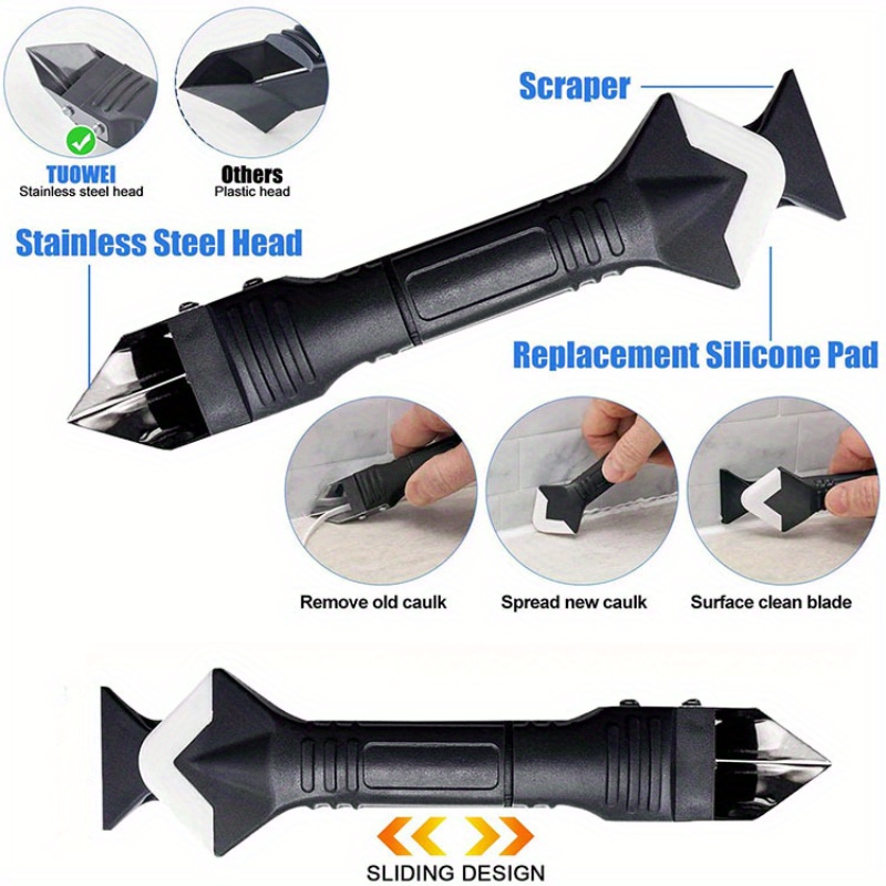 1 Set 3-in-1 Silicone Caulking Tool with Stainless Steel Head- Ideal for Sealing, Cleaning, and Scraping Glue- Durable Plastic Handle for Easy Use, Caulking Tool| Ergonomic Handle| Durable Plastic