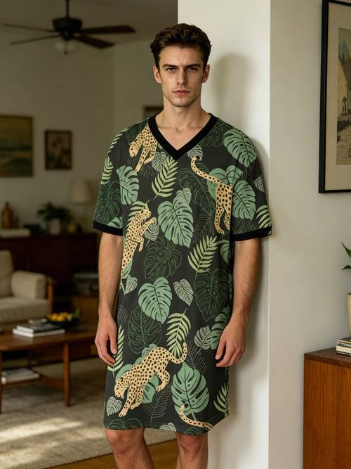 mens v neck nightgown tropical jungle leopard print relaxed casual wear ideal gift for friends husband elders and suitable for parties or fathers day