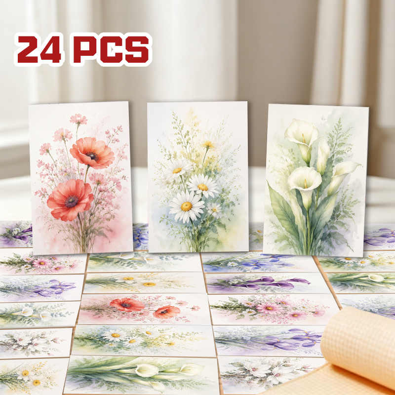 TEMU 24pcs Watercolor Floral Cards Botanical Flower Gift Enclosure Cards, Decorative Postcards With Sunflower Rose Lavender Tulip Prints For