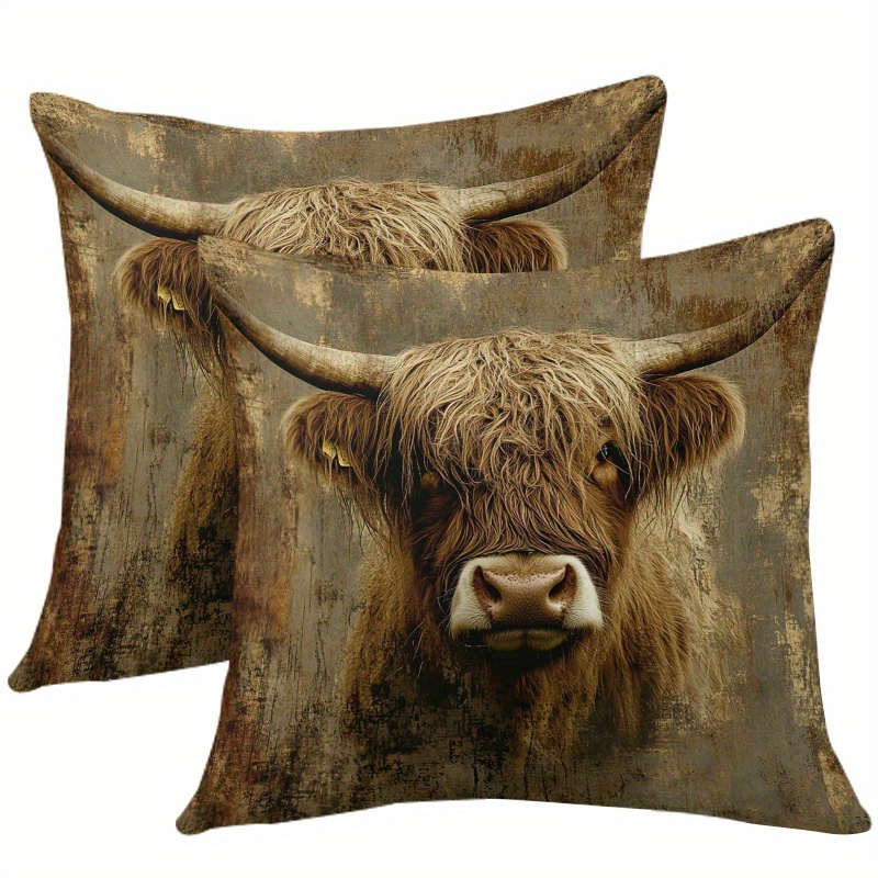 TEMU Set Of 2 Highland Cow Design Pillow Covers - Made Of Soft Polyester, Featuring Modern Zipper Closure, Machine Washable, Perfect For Bedroom,