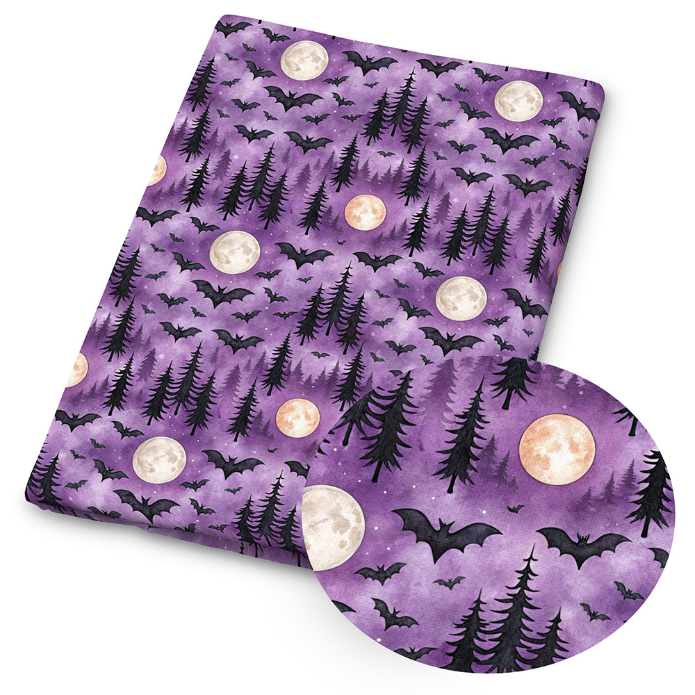 TEMU 1pc Halloween Print Fabric - 59 X 19.68 Inches (150 X 50 Cm) Pre-cut Polyester Fabric With Purple Moon Bat Stars, Celestial Witchy Pattern -