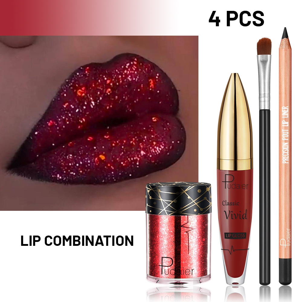 TEMU 4-teiliges Pudaier Lip Combo Set, funkelndes Lip Glitter Kit, inklusive Lipliner, Lipgloss, Chunky Glitter & Lippenpinsel, Metallic Glitter