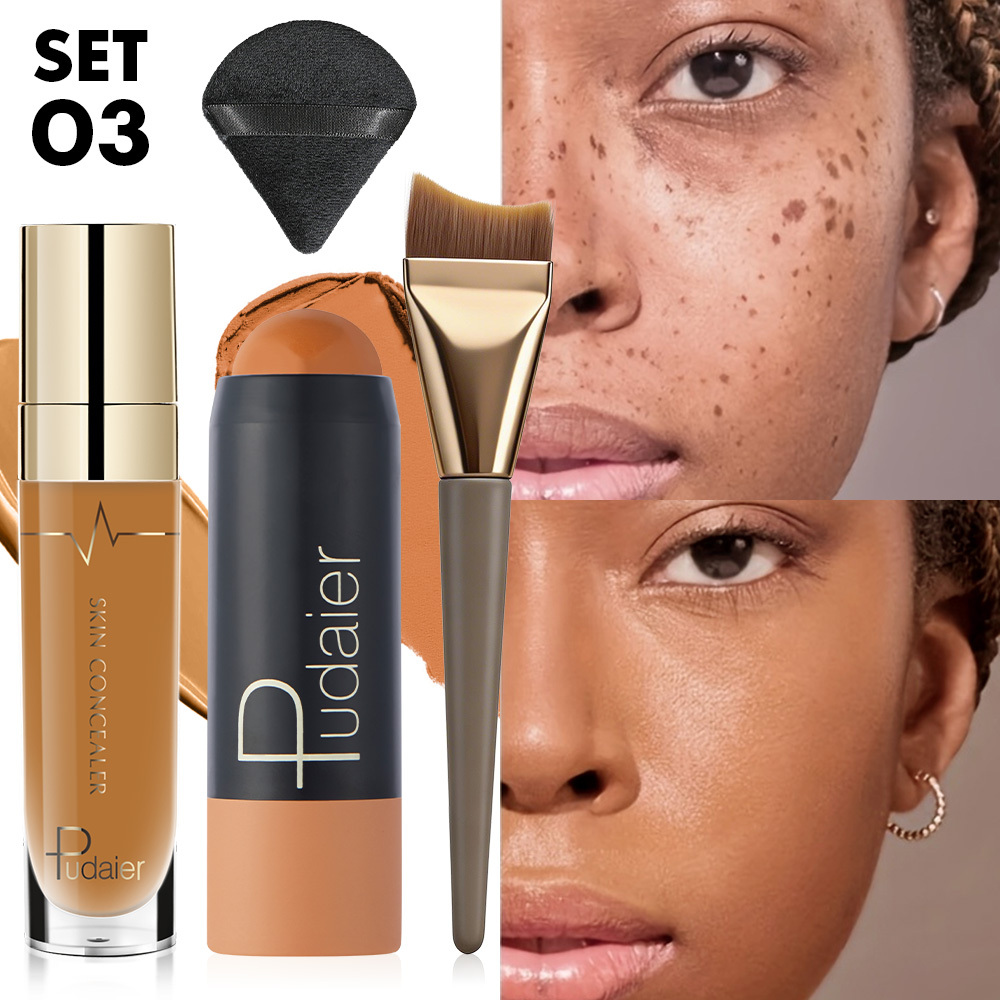TEMU 4pcs Full Coverage Foundation Makeup Set: Matte Liquid Foundation And Foundation Stick And Blending Brush And Sponge, Waterproof 24-hour