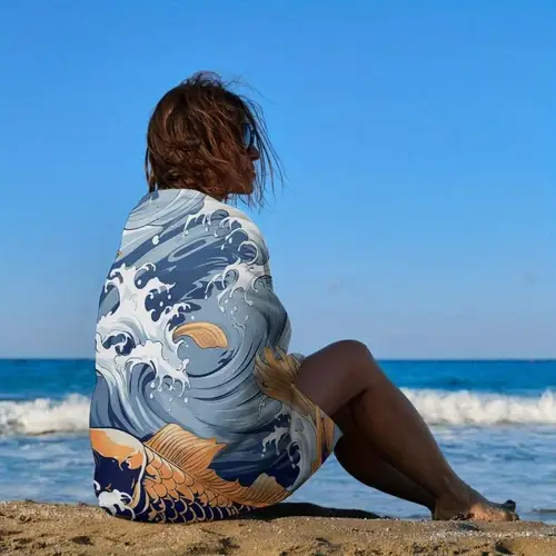 1pc 27 5x55 inch large beach towel quick dry sand free lightweight super soft absorbent koi fish wave pattern bath towel for adults pool beach travel