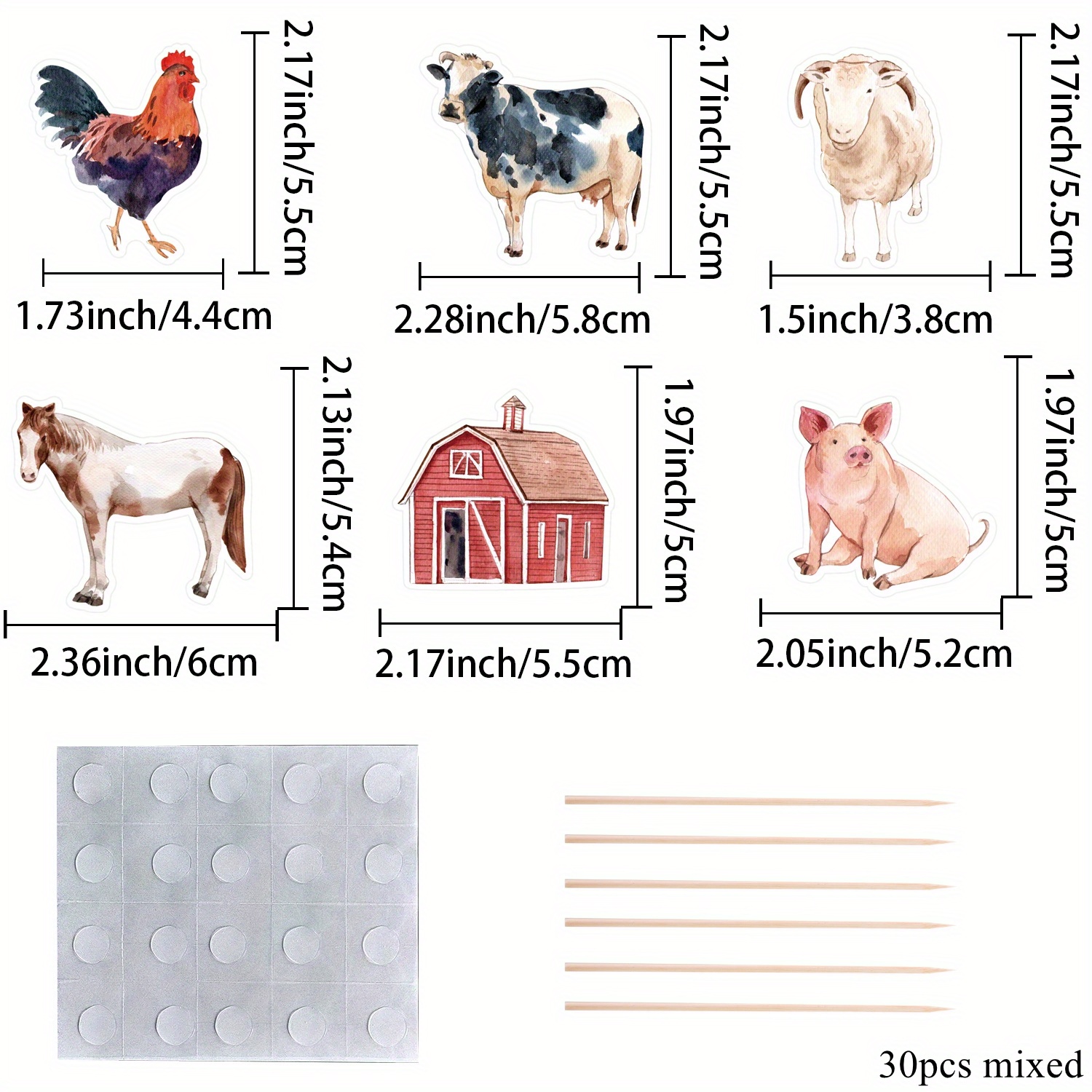 Image of 30pcs Of Farm Animal Cupcake Decorations Featuring Pig, Cow, And Horse Designs On Bamboo Sticks, Perfect For A Birthday Celebration And Cake Embellishments