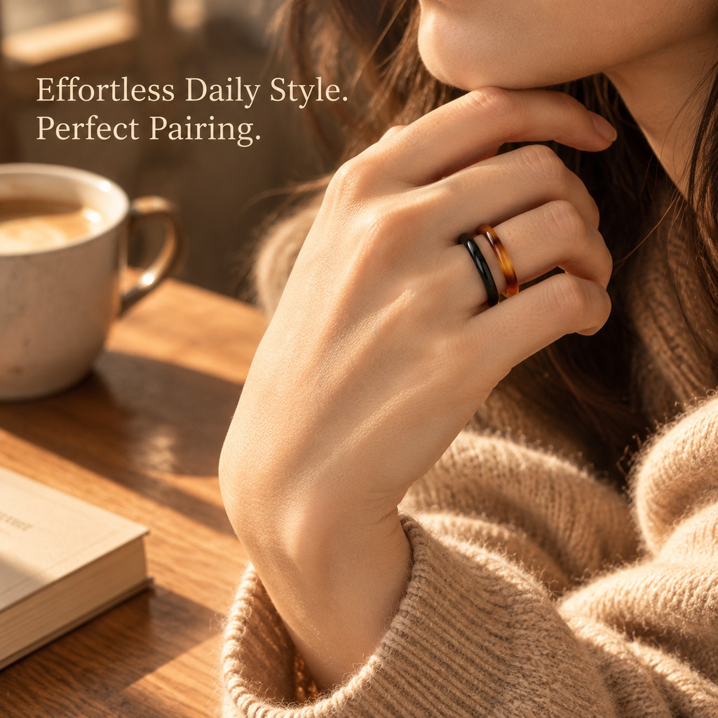 2pcs Black Agate & Brown Agate Natural Stone Ring Set