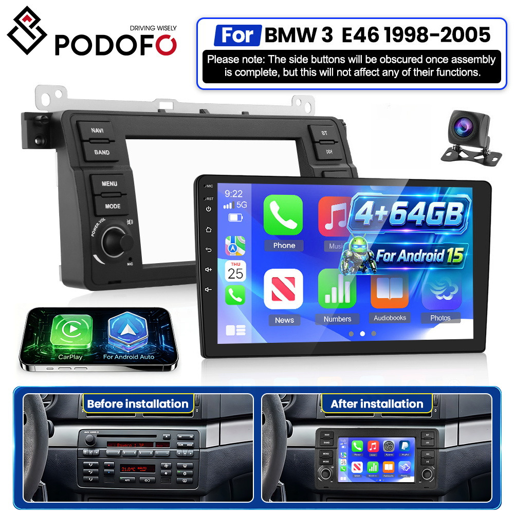 Image of Podofo [8core 4g+64g] 15 7-inch For E46 1998-2006, / Auto, Eq Ai Dsp/gps/wifi/bt5.0/fm/ And Backup Camera, A Perfect Gift For Dad And Drivers, Without Battery