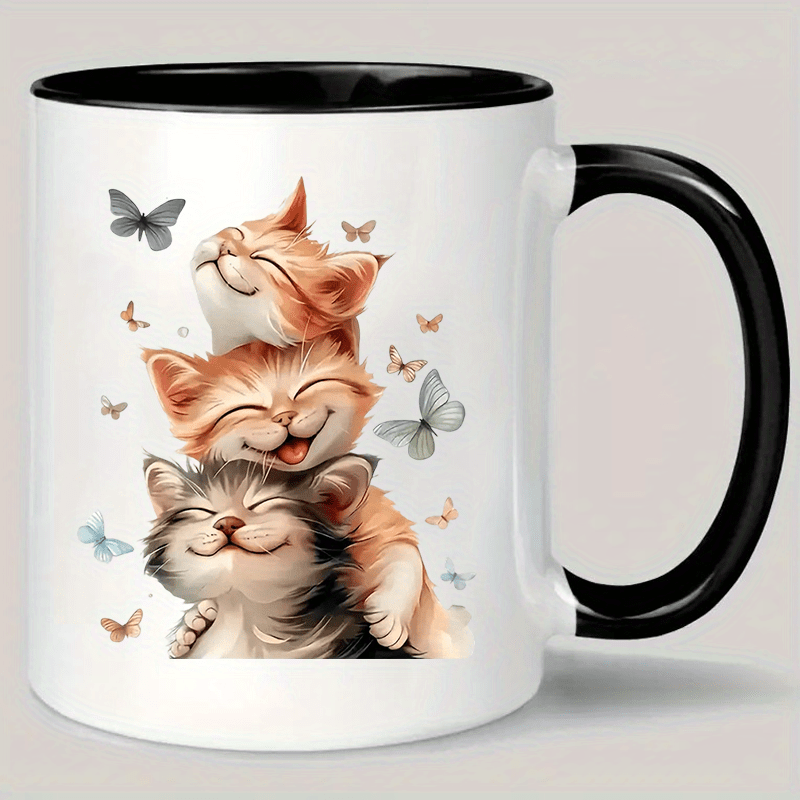 Cartoon Cats 02 11oz Ceramic Coffee Mug - Insulated Reusable Travel Mug With 3 Cats & Butterflies Design, Hand-wash Only, Perfect For , , Cup | | Handwash Only Mug