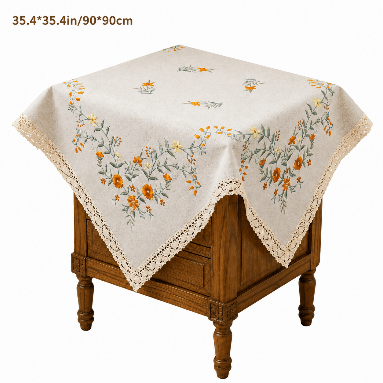 TEMU 1pc Orange Floral Embroidered Cabinet Cover Tablecloth Bedside Table Cover Small Table, French Romantic Square Embroidered Hand-cut Decorative