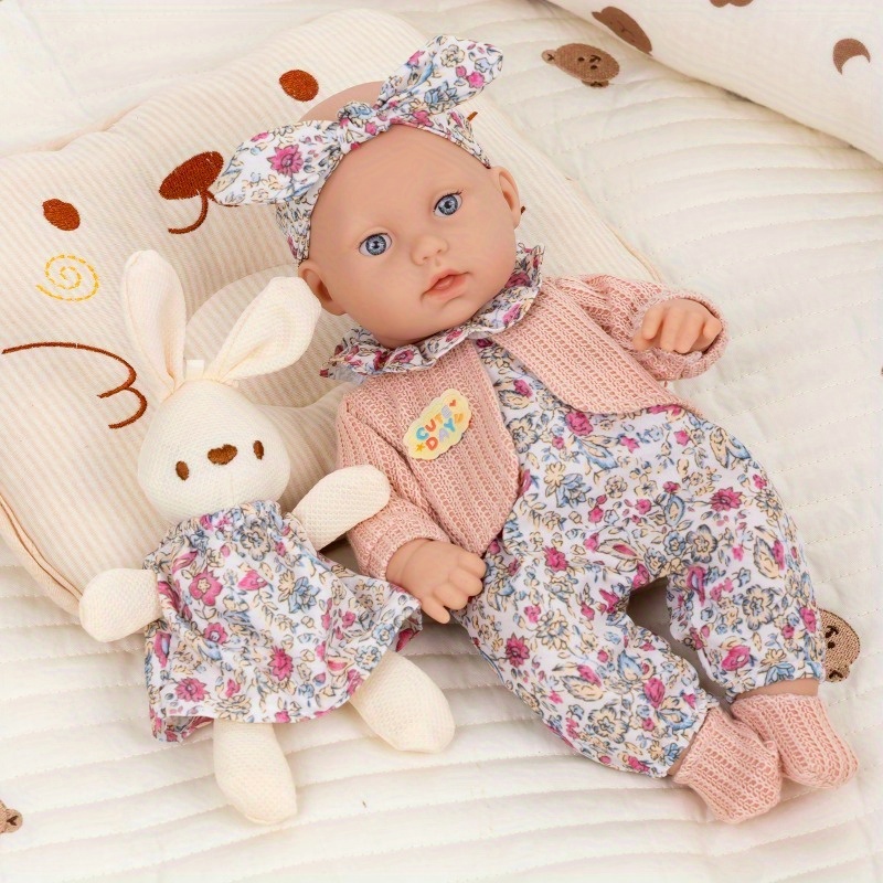 12 Inches Simulation Doll, Including Clothes And Headband, And White Rabbit  Doll, Cute Baby Doll, Early Learning Toys For Girls, Suitable For Dressabl
