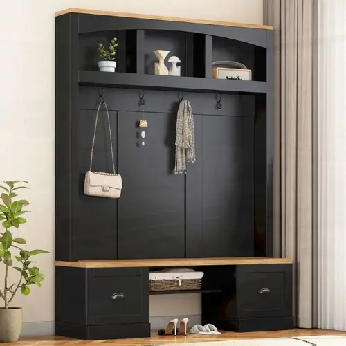 farmhouse 4 in 1 hall tree with wood grain bench and top multifunctional coat rack with and shell handles mudroom bench with adjustable shees for hallway living room black utility racks