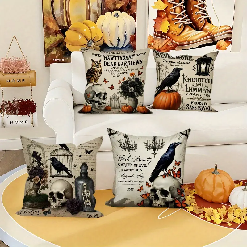4pcs gothic halloween pillow covers - skull, , witchy designs with zipper closure - spooky decorations for living room, bedroom, sofa, car - double-sided polyester printed pattern - decor cushion cases - easy-clean halloween party decorations, halloween decorations, seasonal room accents, contemporary style, durable fabric, decorative pillows, seasonal stylists, bedroom accents, theme, hand wash only, throw pillow covers, seasonal - home decoration Product details 5